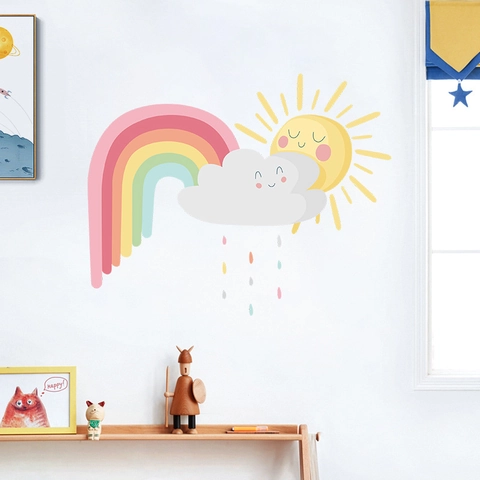 Cartoon Regenbogen Wolke Sonne Wandaufkleber Für Kinderzimmer Babyzimmer Deko PVC Abnehmbar Selbstklebend DIY Art Decal Home Decor
