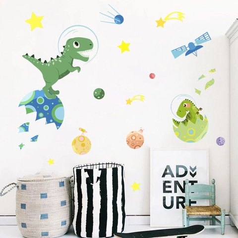 Adesivi Murali Dinosauro Spaziale Cartoon Pianeti Acquerello Dinosauro Che Si Schiude Per Cameretta Bambini Murale PVC