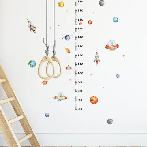Space Rocket Growth Chart Wall Sticker For Kids Room Cartoon Planet UFO Height Ruler PVC Removable Nursery Decor Sticker