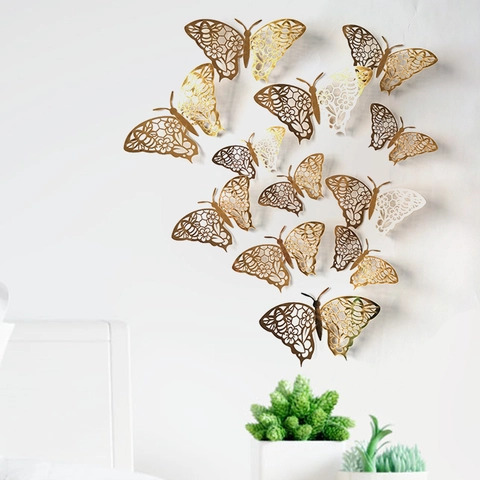 Juego de 12 Pegatinas de Pared de Mariposa 3D Huecas Mariposas de Cartón Metalizado Decoración de Pared Floral para Hogar Boda Fiesta