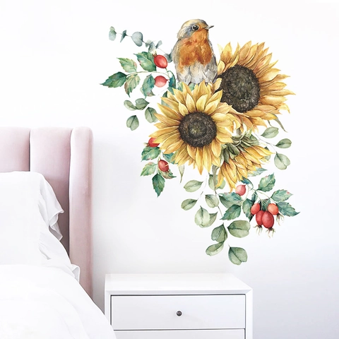 Watercolor Sunflower Bird Wall Sticker PVC Self Adhesive Removable Decal For Bedroom Living Room Cabinet Home Decor