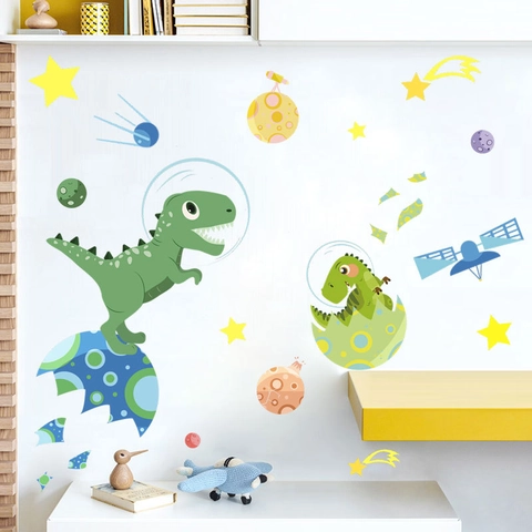 Adesivi Murali Dinosauro Spaziale Cartoon Pianeti Acquerello Dinosauro Che Si Schiude Per Cameretta Bambini Murale PVC