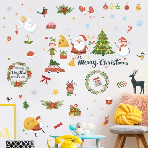 Cartoon Christmas Wall Stickers Santa Claus Snowman Tree PVC Decals For Window Glass Door Home Decoration Festive Holiday Supplies