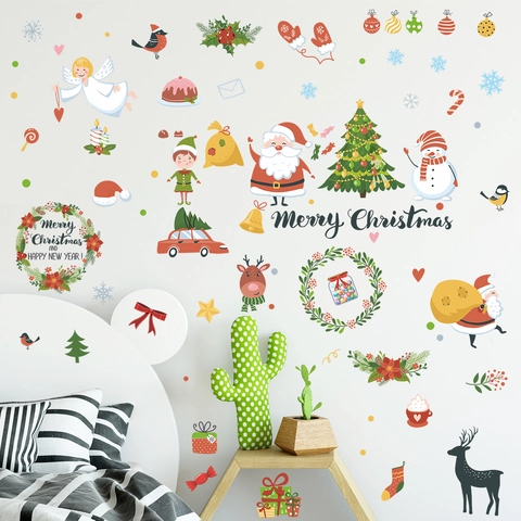 Cartoon Christmas Wall Stickers Santa Claus Snowman Tree PVC Decals For Window Glass Door Home Decoration Festive Holiday Supplies