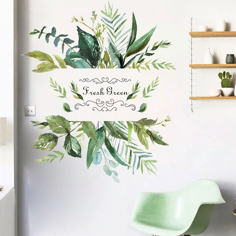 Green Leaves PVC Wall Sticker Watercolor Fresh Green Botanical Removable Wall Decal For Living Room Bedroom Home Decor