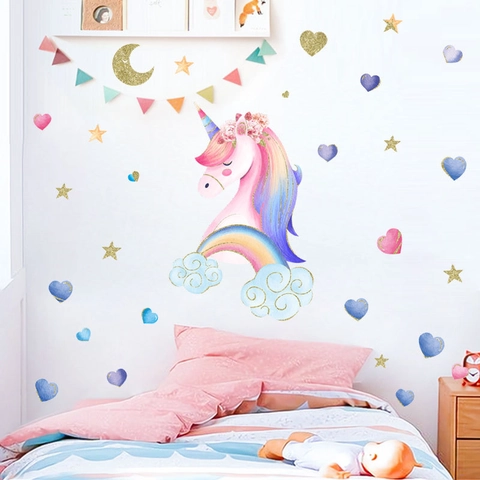 Adesivi da Parete Licorno Acquerello Arcobaleno Luna Cuore PVC Removibile Decorazione Sognante per Cameretta Bambini e Neonati