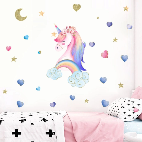 Adesivi da Parete Licorno Acquerello Arcobaleno Luna Cuore PVC Removibile Decorazione Sognante per Cameretta Bambini e Neonati
