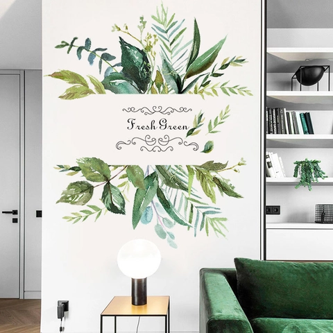 Green Leaves PVC Wall Sticker Watercolor Fresh Green Botanical Removable Wall Decal For Living Room Bedroom Home Decor