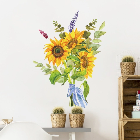 Aquarell Sonnenblumen Wandtattoo Abnehmbar PVC Selbstklebend Blumenaufkleber Für Schlafzimmer Küche Schrank Home Wanddekoration