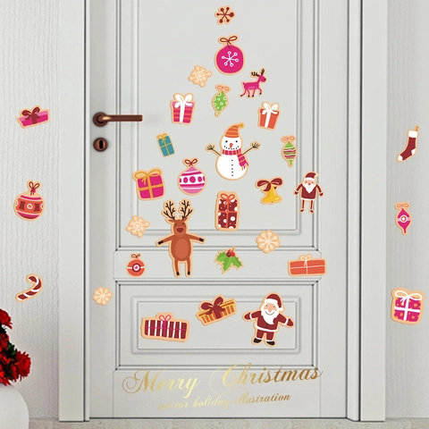 Pegatinas de Pared de Navidad de PVC Removibles Dibujos Animados Papá Noel Muñeco de Nieve Reno Calcomanías de Vidrio para Hogar Fiesta