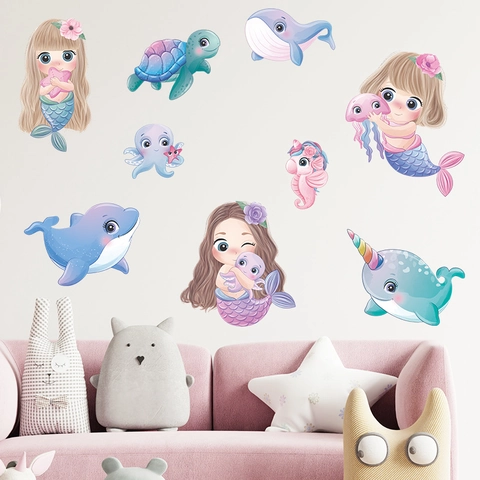 Cartoon Zeemeermin Walvis Zeeschildpad Zeepaardje Muurstickers Voor Kinderen Meisjes Slaapkamer PVC Waterdicht Onderwater Thema Huis Decoratie DIY Muurstickers