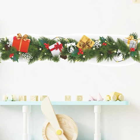 Kerst Dennentak Muursticker Met Cadeau Sneeuwvlokken Patroon Voor Raam Glas Decoratie Kerstmis PVC Huis Sticker