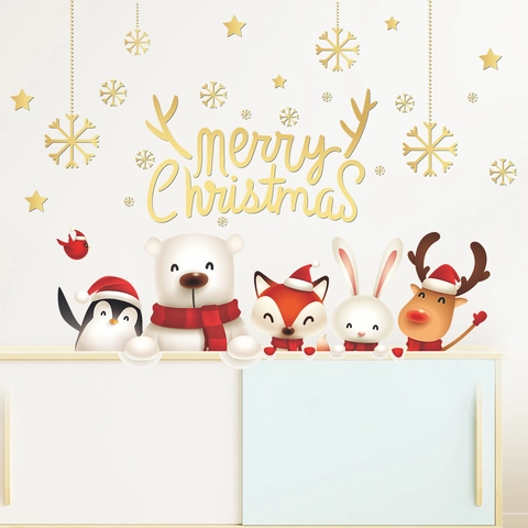 Merry Christmas Wall Stickers Cartoon Animals Penguin Bear Deer Window Glass Decals PVC Self Adhesive Festive Home Decor
