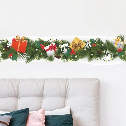 Kerst Dennentak Muursticker Met Cadeau Sneeuwvlokken Patroon Voor Raam Glas Decoratie Kerstmis PVC Huis Sticker