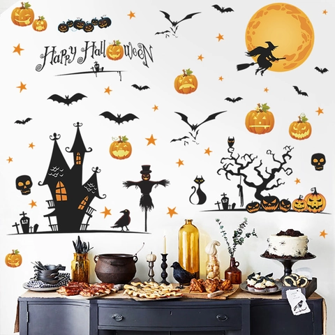 Halloween Muurstickers Pompoen Vleermuis Kasteel Heks Decals PVC Zelfklevend Huis Decoratie Feestelijk Party Muurschildering