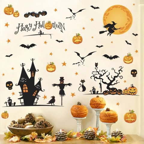 Halloween Muurstickers Pompoen Vleermuis Kasteel Heks Decals PVC Zelfklevend Huis Decoratie Feestelijk Party Muurschildering