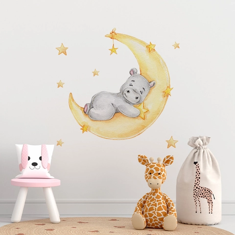 Watercolor Cartoon Hippo Sleeping On Moon Stars Wall Sticker PVC Decorative Decal For Kids Nursery Bedroom Wall Art Decoration