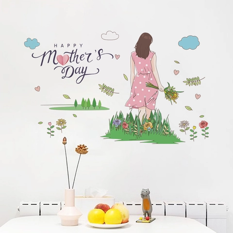 Happy Muttertag Wandtattoo PVC Selbstklebend Blume Mädchen Herz Muster Aufkleber Für Schlafzimmer Wohnzimmer Haus Dekoration