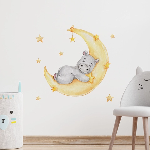 Watercolor Cartoon Hippo Sleeping On Moon Stars Wall Sticker PVC Decorative Decal For Kids Nursery Bedroom Wall Art Decoration