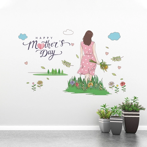 Happy Muttertag Wandtattoo PVC Selbstklebend Blume Mädchen Herz Muster Aufkleber Für Schlafzimmer Wohnzimmer Haus Dekoration