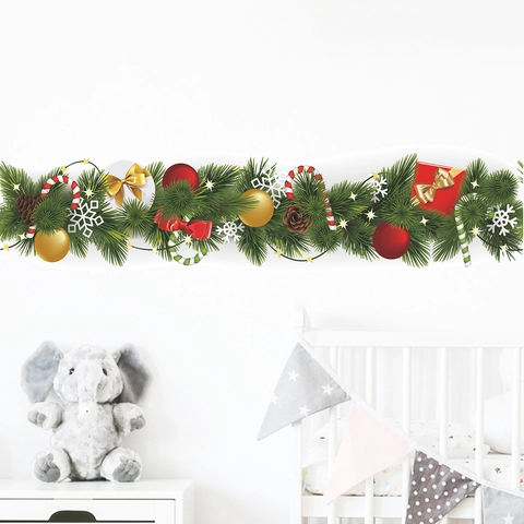 Christmas Pine Branch Wall Sticker Xmas Ball Candy Cane Gift Box Window Glass Border Decal DIY Festive Home Decoration
