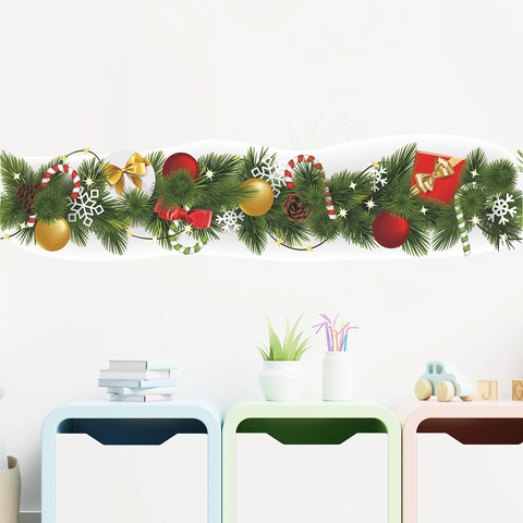 Christmas Pine Branch Wall Sticker Xmas Ball Candy Cane Gift Box Window Glass Border Decal DIY Festive Home Decoration
