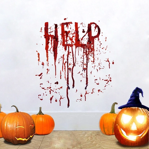 Halloween Horror Bloodstain Help Wall Sticker PVC Bloody Handprint Window Decal For Haunted House Party Bathroom Decoration