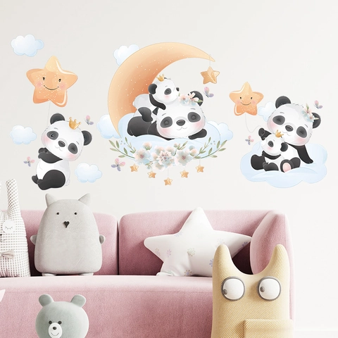 Vinilos de Pared de Panda de Dibujos Animados Luna Estrellas Nubes Para Habitación Infantil PVC Autoadhesivo Acuarela Animales