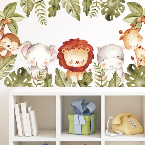 Pegatinas de Pared de Animales de la Selva en Acuarela León Elefante Mono Jirafa Hojas Tropicales Decoración PVC
