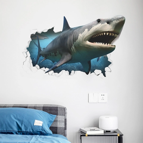 3D Effect Shark Breaking Wall Sticker Creative PVC Ocean Animal Mural Decal For Kids Boys Room Living Room Home Decor