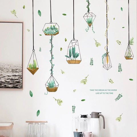 Nordic Adesivo da Parete Piante Verdi in Vaso Geometrico PVC Autoadesivo Removibile Cactus Succulente per Decorazione Casa