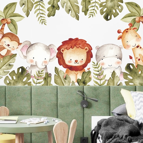 Pegatinas de Pared de Animales de la Selva en Acuarela León Elefante Mono Jirafa Hojas Tropicales Decoración PVC
