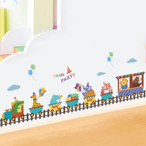 Cartoon Animal Train Party Wall Sticker For Kids Room Nursery Kindergarten Decoration Waterproof PVC Removable Mural Decal