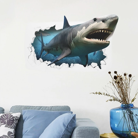 3D Effect Shark Breaking Wall Sticker Creative PVC Ocean Animal Mural Decal For Kids Boys Room Living Room Home Decor