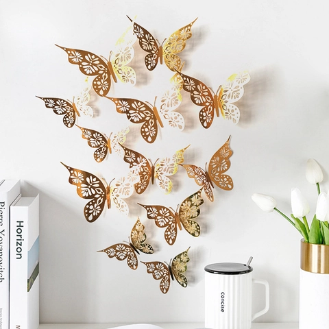 3D Hohl Schmetterling Wandsticker Metallischer Karton Papier DIY Schmetterling Aufkleber Für Wohnzimmer Schlafzimmer Party Home Decor Hochzeit Dekoration