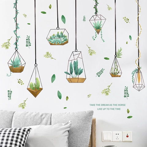 Nordic Adesivo da Parete Piante Verdi in Vaso Geometrico PVC Autoadesivo Removibile Cactus Succulente per Decorazione Casa