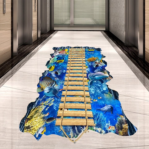 3D Underwater Sea World Bridge Floor Sticker PVC Self Adhesive Dolphin Turtle Wall Decals For Kids Room Home Decoration
