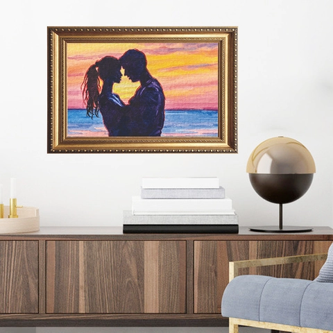 Artistic Watercolor Couple Sunset Silhouette Framed Art Wall Sticker PVC Self Adhesive Gold Vintage Frame Home Decor