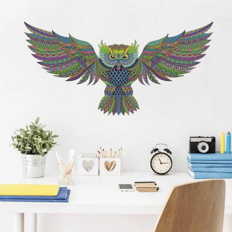Mandala Stil Bunte Eule Wandaufkleber Abnehmbare PVC Symmetrische Flügel Ausbreiten Bohemian Wohndeko Für Schlafzimmer Wohnzimmer