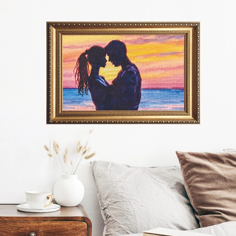 Artistic Watercolor Couple Sunset Silhouette Framed Art Wall Sticker PVC Self Adhesive Gold Vintage Frame Home Decor