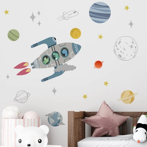 Stickers Muraux Fusée Spatiale Dinosaure de Dessin Animé Pour Chambre d'Enfant PVC Amovible Univers Planète Étoile Décor
