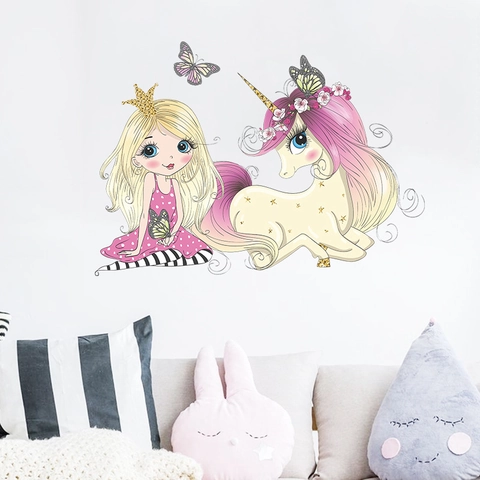 Adesivo da Parete Cartone Animato Principessa Unicorno per Decorazione Camera Ragazze PVC Removibile Fai da Te