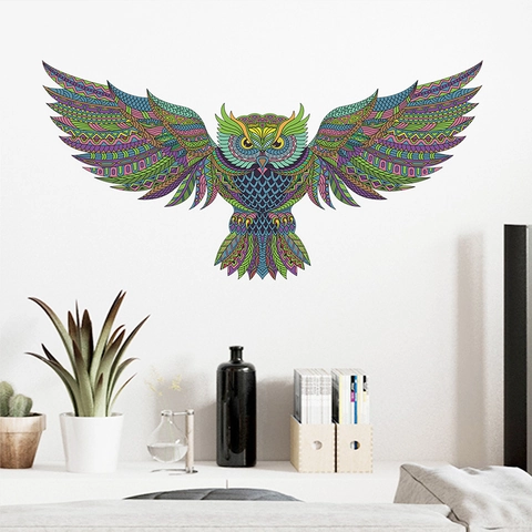 Mandala Stil Bunte Eule Wandaufkleber Abnehmbare PVC Symmetrische Flügel Ausbreiten Bohemian Wohndeko Für Schlafzimmer Wohnzimmer