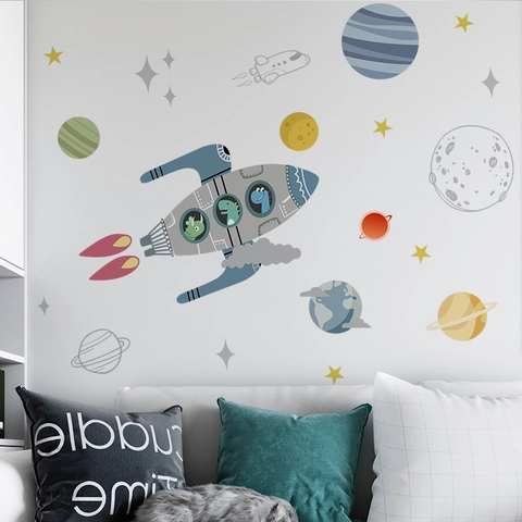 Sticker Mural Fusée Spatiale Dinosaure pour Chambre Garçon PVC Auto-adhésif Galaxie Planètes Étoiles Décoration Maison