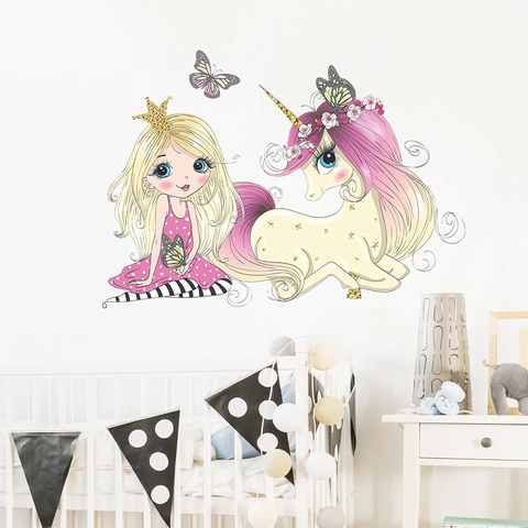 Adesivo da Parete Cartone Animato Principessa Unicorno per Decorazione Camera Ragazze PVC Removibile Fai da Te