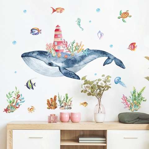 Stickers Muraux Baleine Océan Aquarelle Phare PVC Autocollant Animaux Marins Corail Décalcomanies pour Chambre d'Enfants Maison