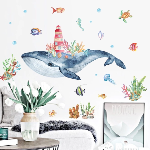 Pegatinas de Pared de Ballena de Océano de Acuarela Faro PVC Autoadhesivas Animales Marinos Coral para Dormitorio de Niños