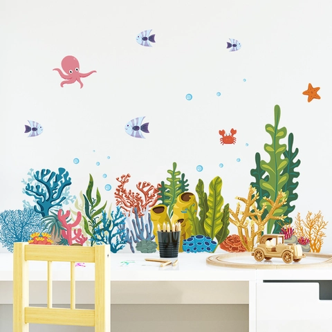 Adesivi Murali Mondo Oceanico Acquerello per Cameretta Bambini PVC Autoadesivo Cartone Animato Vita Marina Polpo Adesivi