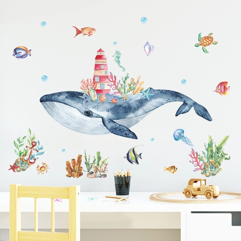 Watercolor Whale Wall Stickers Large Blue Whale Lighthouse Sea Turtle Jellyfish Removable PVC Decals For Kids Home Decor