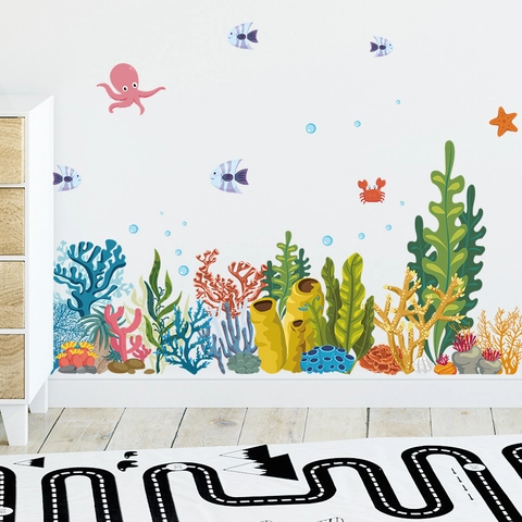 Adesivi Murali Mondo Oceanico Acquerello per Cameretta Bambini PVC Autoadesivo Cartone Animato Vita Marina Polpo Adesivi